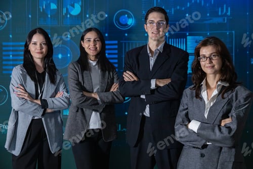 Preview: Confident Business Team Posing with Digital Data Background