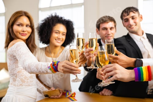 Preview: Friends raising champagne glasses at Pride wedding