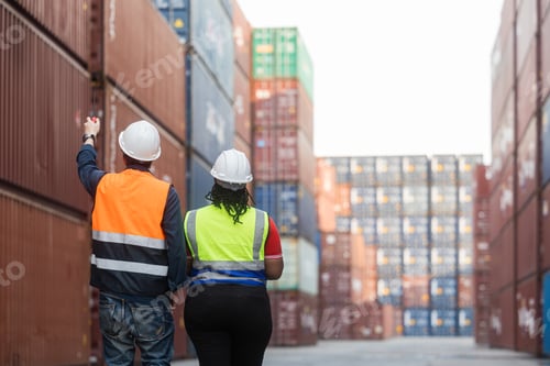 Preview: Logistics team assessing stacked shipping containers