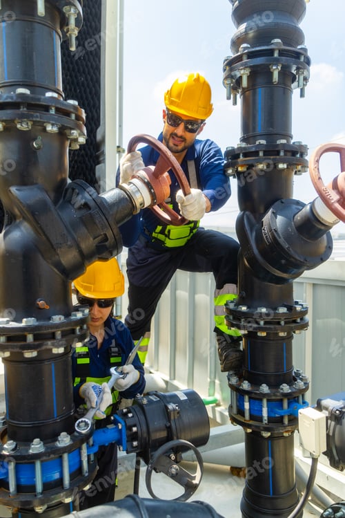Preview: Industrial Technicians Adjusting Large Pipeline Valve