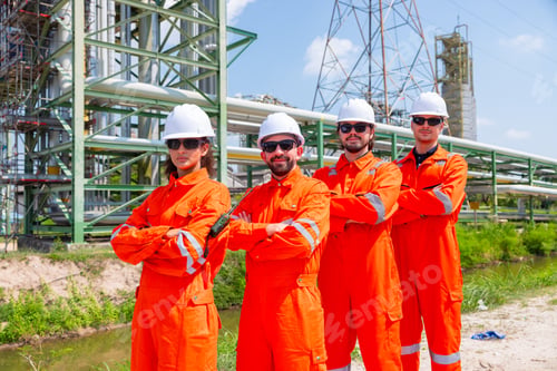 Preview: Confident Engineering Team Standing at Oil Refinery Site