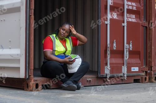 Preview: Tired female worker resting inside shipping container