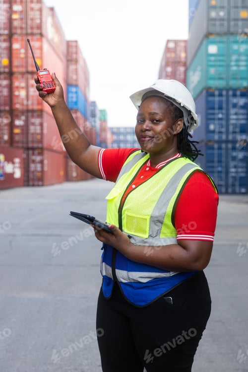 Preview: Female logistics worker communicating at container yard