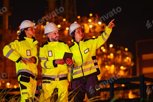 Preview: Industrial Team Reviewing Plans at Night Refinery