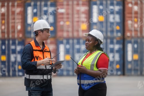 Preview: Logistics team assessing stacked shipping containers