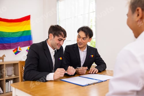 Preview: Grooms meeting officiant with Pride flag