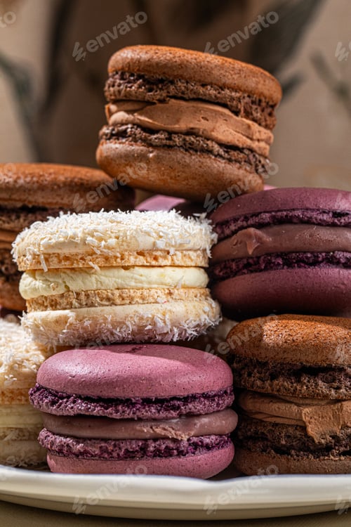 Preview: Assorted macarons stacked on decorative plate
