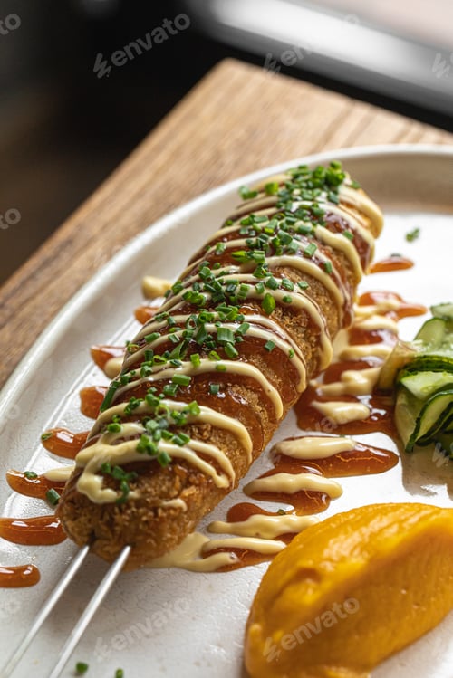 Vorschau: Knuspriger Corndog mit Sauce und Kräutern auf Teller