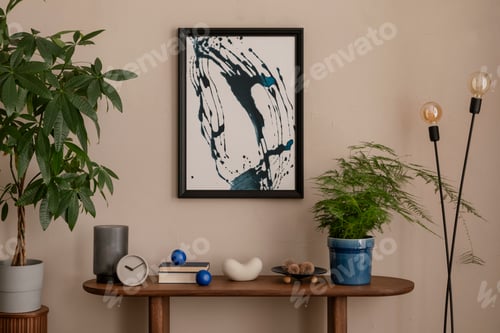 Preview: Minimalist composition of living room interior with mock up poster frame, wooden consola, plant in f