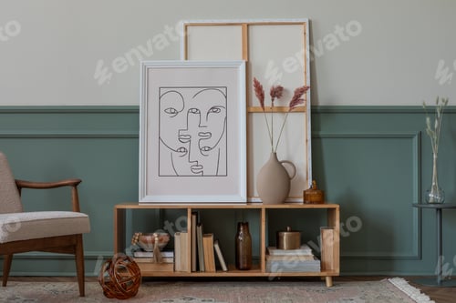 Preview: Stylish composition of living room interior with mock up poster frame, wooden sideboard, boucle armc