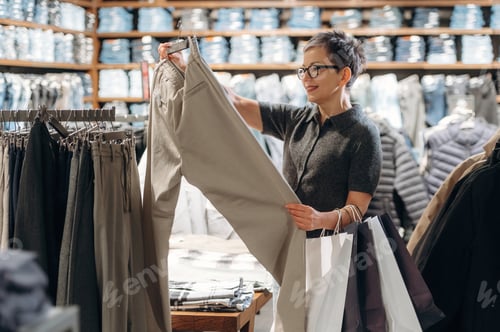 Preview: Woman examining beige trousers while shopping in a clothing store, surrounded by racks of apparel an