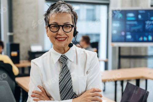 Preview: Confident businesswoman with headset smiling in modern office environment, showcasing professionalis