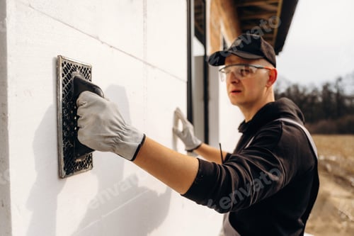 Preview: Male construction worker wearing gloves and a cap applies finishing touches to an exterior wall with