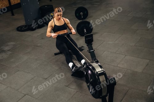 Preview: Female athlete performing rowing exercise on machine in gym, with weights and fitness equipment visi