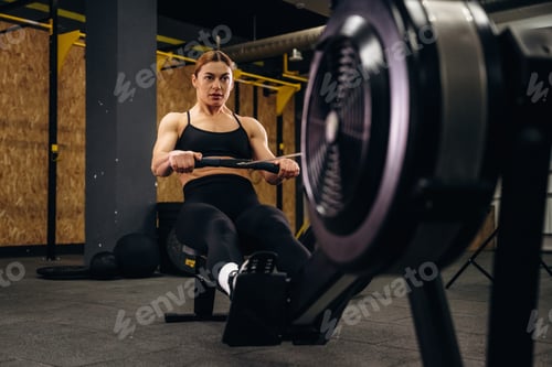 Preview: Female athlete performing rowing exercise on indoor rowing machine in modern gym with black flooring