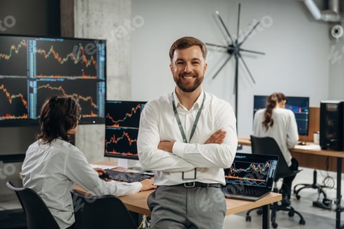 Preview: Arms crossed, man is standing. Business people are working with stock market exchange in office