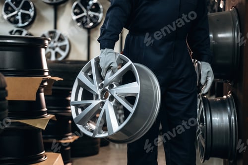Preview: Male technician in dark coveralls holds a silver alloy wheel while surrounded by stacks of tires and