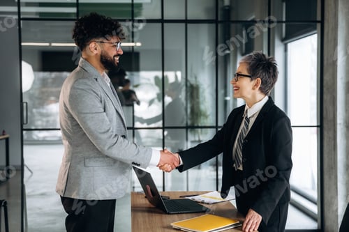 Preview: Business professionals shaking hands in a modern office setting, with a laptop and documents on a wo