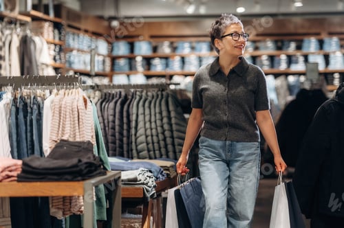 Preview: Adult woman with short hair wearing glasses carries shopping bags while walking through a clothing s
