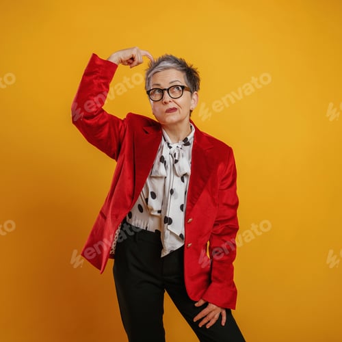 Preview: Confident woman in a vibrant red blazer flexing her arm against a bright yellow background, showcasi
