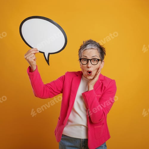 Preview: Senior woman with short gray hair and glasses is expressing surprise while holding a speech bubble a
