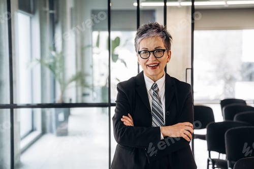 Preview: Businesswoman with short gray hair wearing a black suit and tie stands confidently with arms crossed