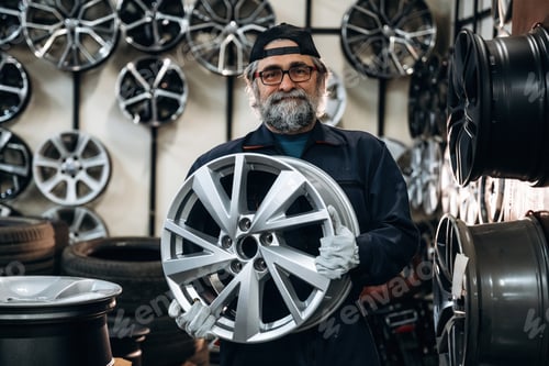 Preview: Senior male mechanic with glasses and beard holds a silver alloy wheel in a tire shop surrounded by