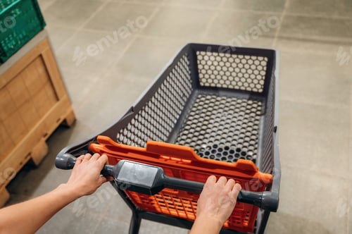 Preview: Hands gripping shopping cart handle in a grocery store aisle, showcasing the shopping experience wit