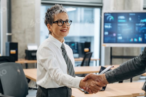 Preview: Businesswoman in formal attire smiling and shaking hands with a colleague in a modern office setting