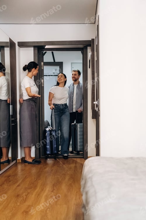 Preview: Hotel reception area with a female staff member greeting two guests carrying luggage, modern interio