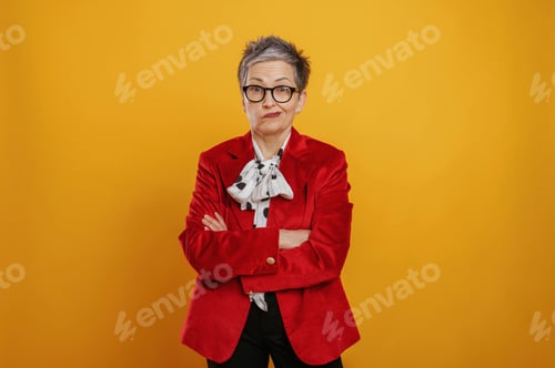 Preview: Confident older woman with stylish short gray hair wearing a red blazer and glasses, posing with arm