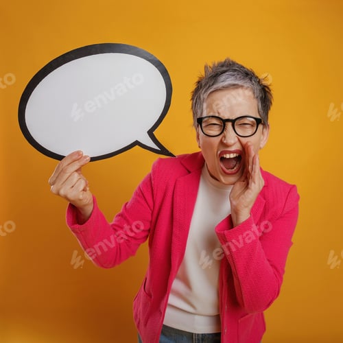 Preview: Excited woman with short gray hair is shouting joyfully while holding a blank speech bubble against