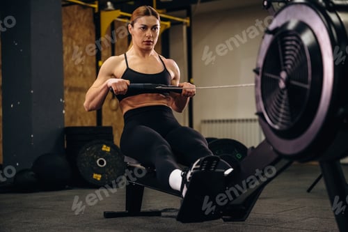 Preview: Female athlete performing rowing exercise on indoor rowing machine in gym, focused expression, fitne