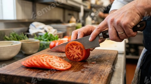 Preview: Chef prepares fresh tomatoes by slicing them on a wooden cutting board in a busy kitchen setting dur