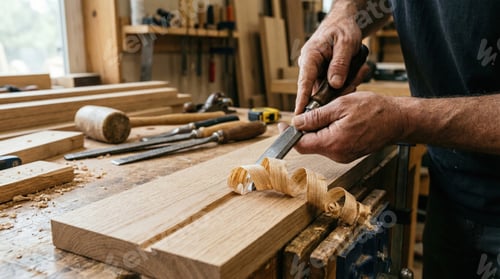 Preview: Woodworking in a workshop with a focus on hand tools and wood shavings created by a skilled craftsma