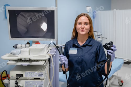 Preview: Female physician holding endoscopic instrument before examination in clinic