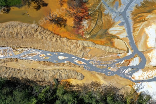 Preview: Aerial view of flowing toxic gold mining residual metal-rich water contaminates ecosystems. Rosia Mo