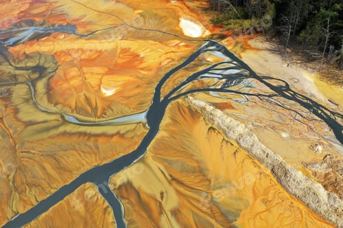Preview: Aerial view of surreal toxic water stream from copper mine in decanting lake. Natural pattern