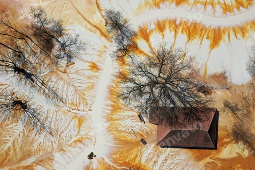 Preview: Sinking house in the ghost village of Geamana, Romania, choked of toxic mining residuals, aerial vie
