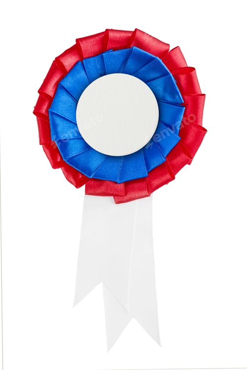 Preview: American patriotic rosette ribbon for independence day. Red blue white award rosette ribbon isolated