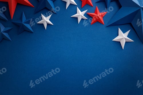 Preview: Red white and blue paper stars with curled ribbons on blue background, patriotic holiday border with