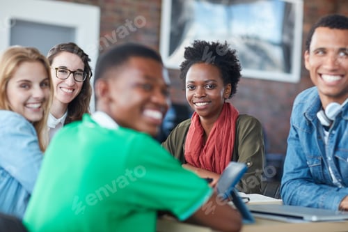 Preview: Portrait, people and students with smile in class for education, learning and group assignment