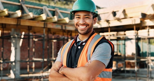 Preview: Happy, crossed arms and portrait of man with construction career, confidence and building project