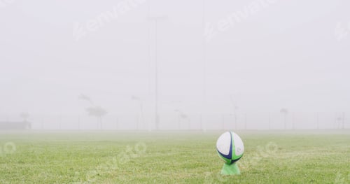Preview: Rugby, mist and fitness with ball on field for competition practice, kick off and sports tournament