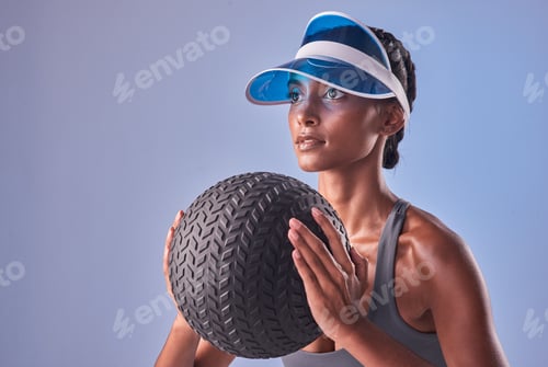 Preview: Fitness, medicine ball and thinking with woman in studio for health, gym equipment