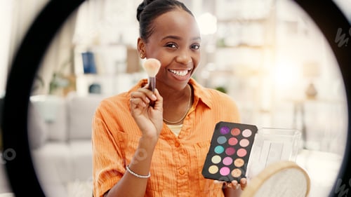Preview: Happy woman, portrait and makeup tutorial with ring light, home and talking with audience