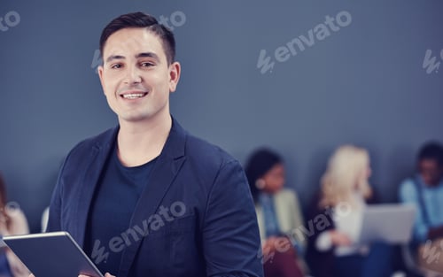 Preview: Tablet, hr and portrait of businessman in office with staff for hiring, recruitment and onboarding