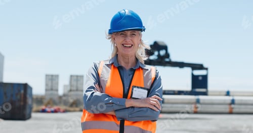 Preview: Logistics, woman or arms crossed in shipping yard for freight export, distribution service or pride
