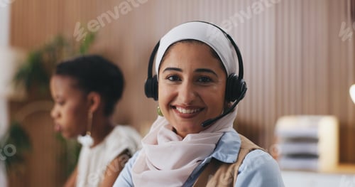 Preview: Happy woman, portrait or agent with headset in call center for customer service or online advice