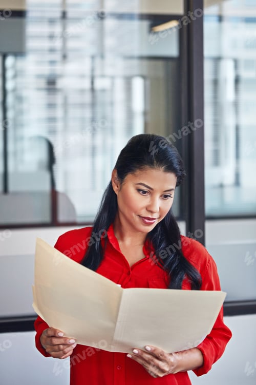Preview: Reading, folder and review with business woman in office for financial report